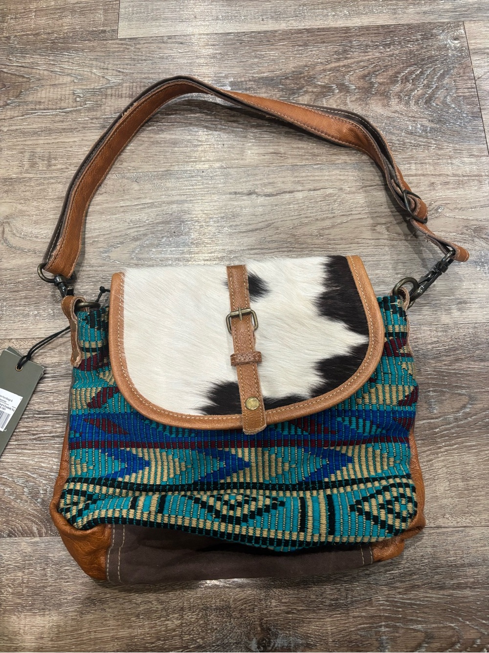 Myra Bag Turquoise Blue Multicolor Aztec Shoulder Bag with Cowhide Flap
